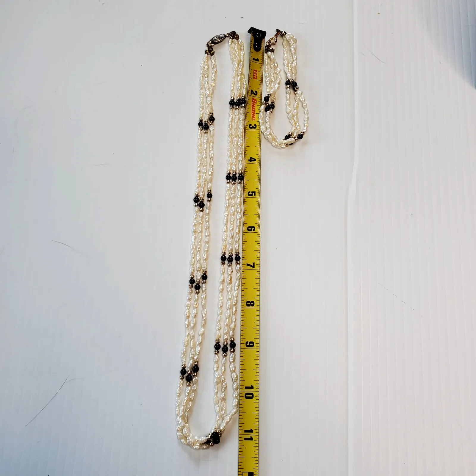 Gold & Fresh Water Pearl Multi Strand Necklace Bracelet with Onyx Stone Vtg 22" White - Image 6