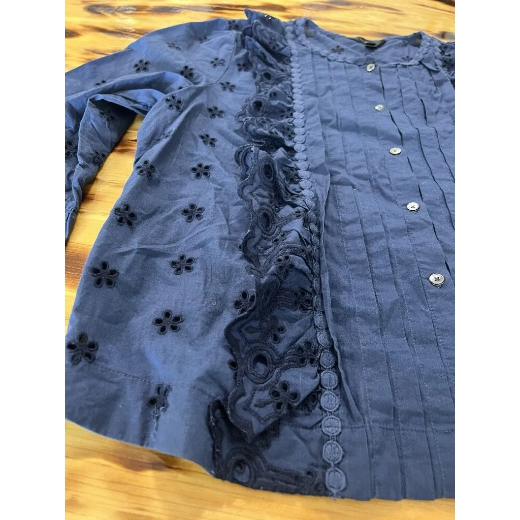 J Crew Women‎ Size 14 Button Up Blouse Ruffle Pleated Blue Floral Preppy Career - Image 13