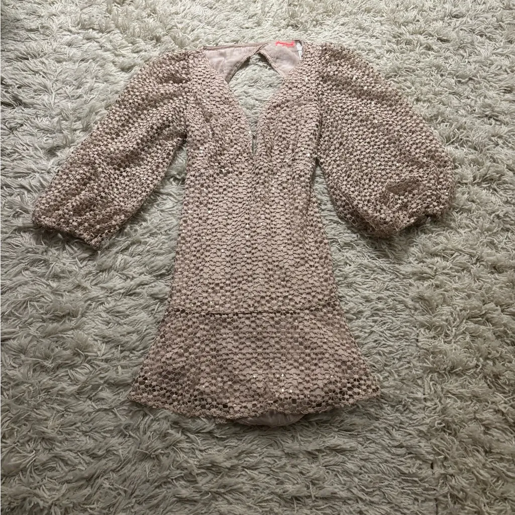 Free People Kaya Sequin Lace Mini Long Sleeve Dress in Beige Size S - Image 16