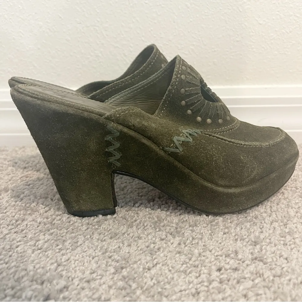 Frye‎ Suede Clog Womens Green Sz 6 Ingrid Apron Leather Block High Heel Slip On - Image 2