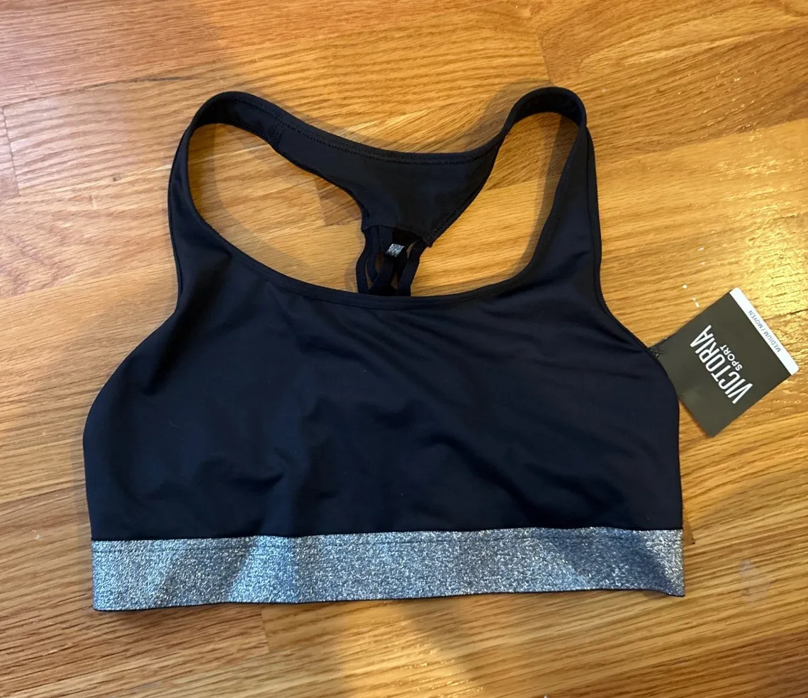 NWT Victoria Sport Black Glitter Band Sports Bra Racerback M/L - Image 1