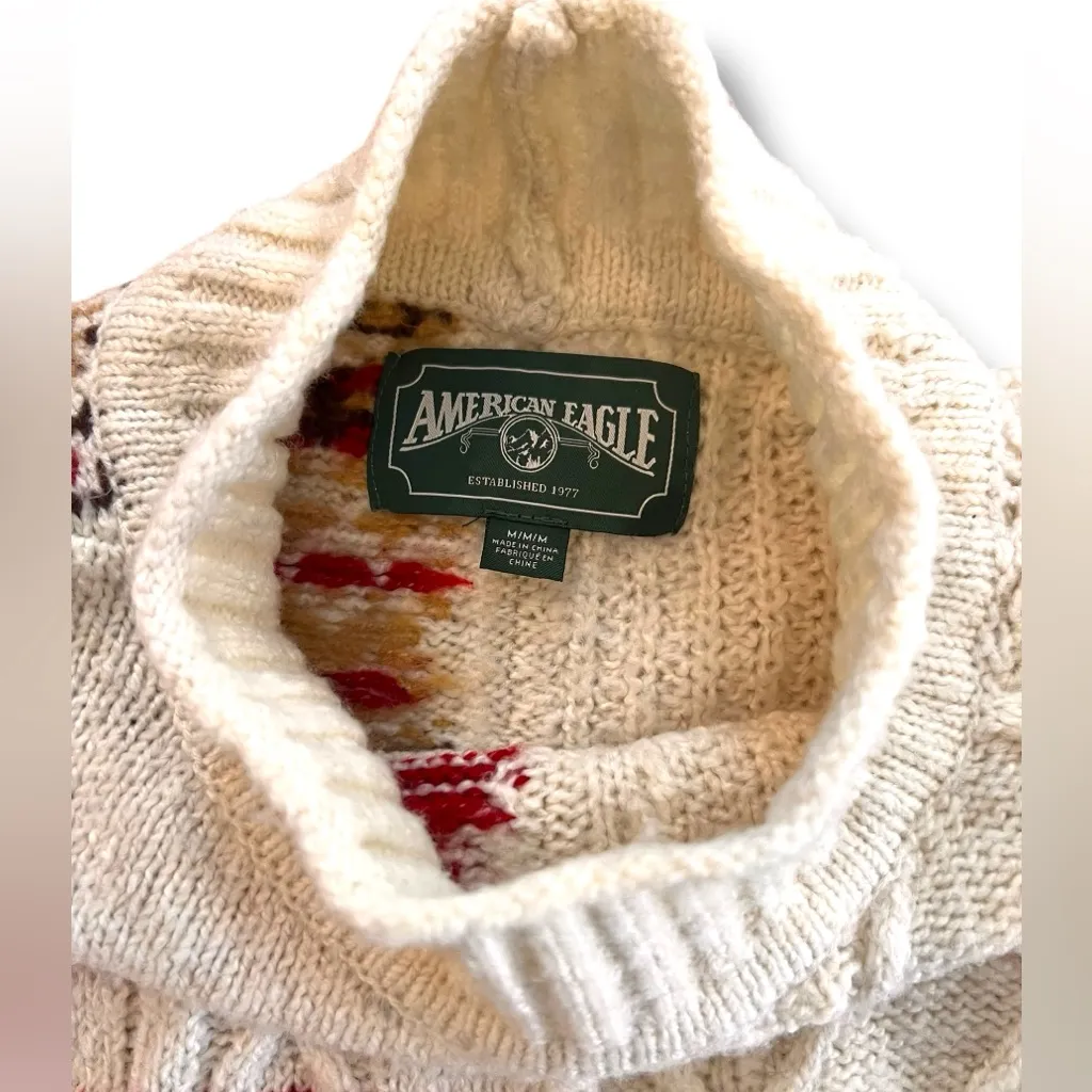 American Eagle Woven Sweater Womens Sz M Half Nordic Print Turtle Neck Red Cream - Image 7