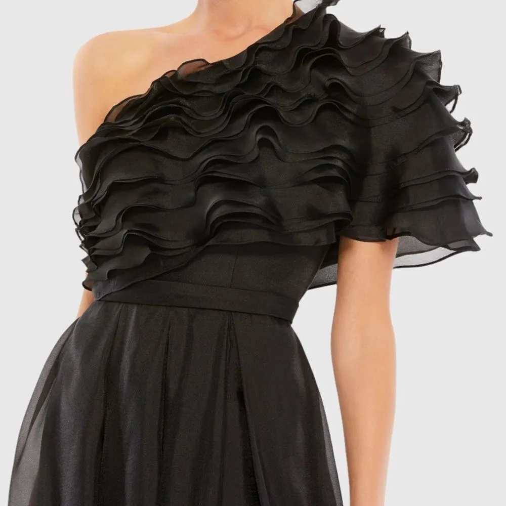 MAC DUGGAL 26527  Womens Black Ruffle Layered One Shoulder Gown Dress - Image 4