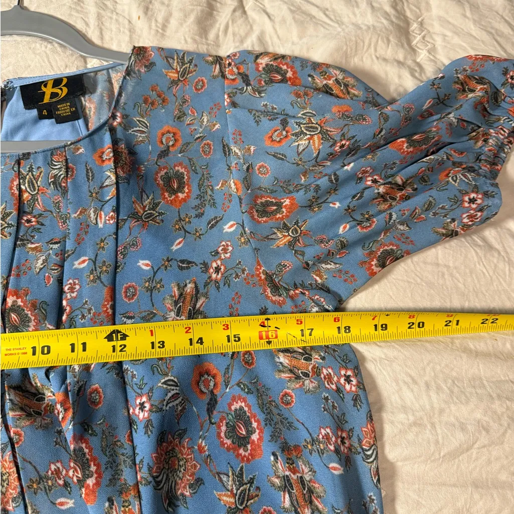 Anthropologie Satin + Babi Marina Blue Floral Puff Sleeve Summer Dress Sz 4 - Image 8