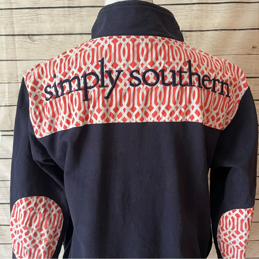 Simply‎ Southern Sweater Women Blue Small Zip Up Pullover Elbow Patch Spellout - Image 3