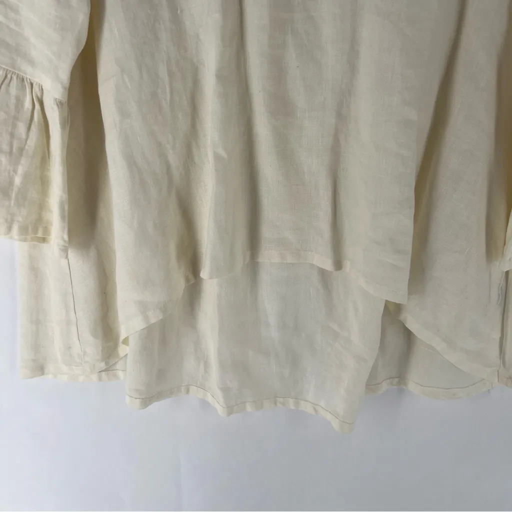 Bryn Walker Off White Light Linen Round Neck Ruffle 3/4 Bell Sleeve High-Low Top - Image 3