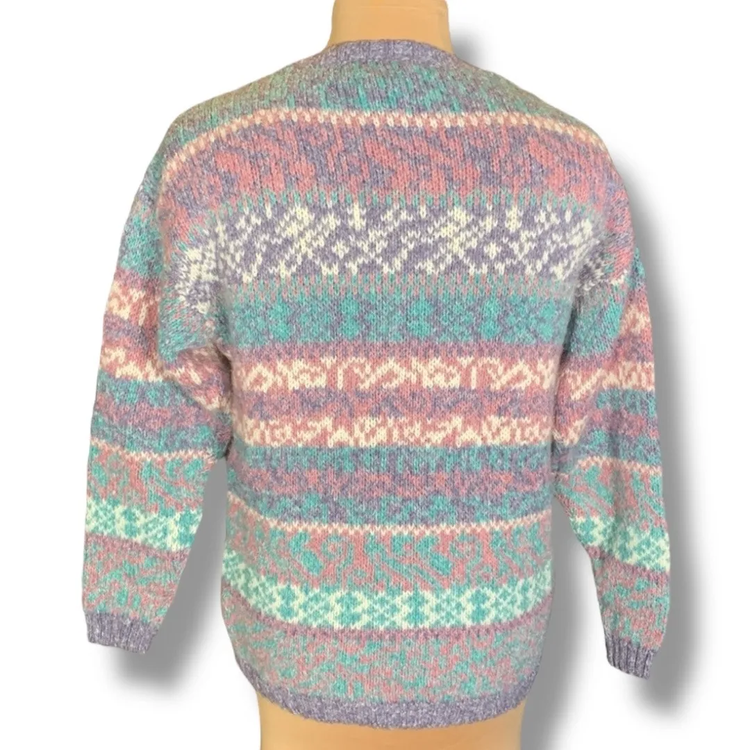 Vintage Carole Little St Tropez Wear Pastel Knit Sweater 90s Abstract Art Medium Pink - Image 5