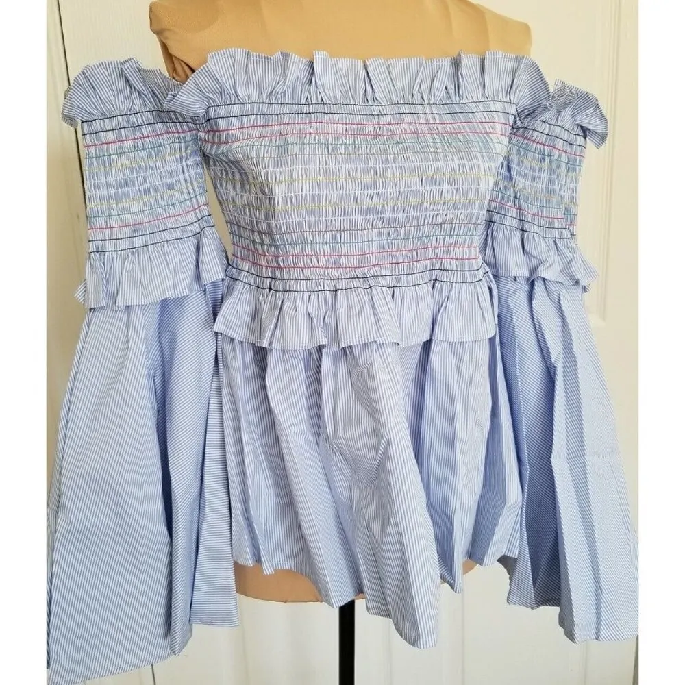 AQUA Brand Womens Tunic Top, Blue&White Stripe, Bell Sleeves Off The Shoulder S - Image 2