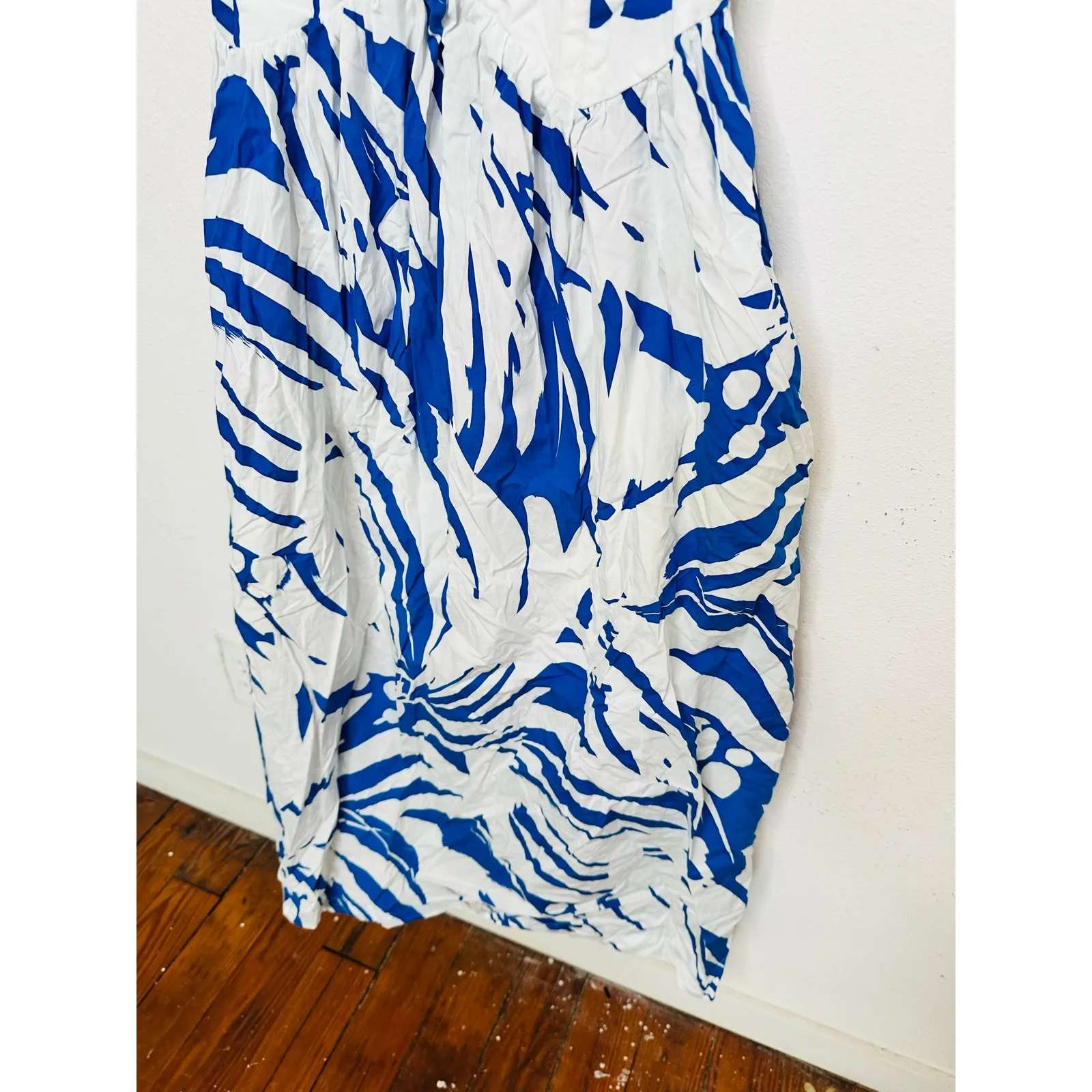 S/W/F Blue White Abstract 100% Cotton Botanical Print Wave Waist Midi Dress S - Image 7