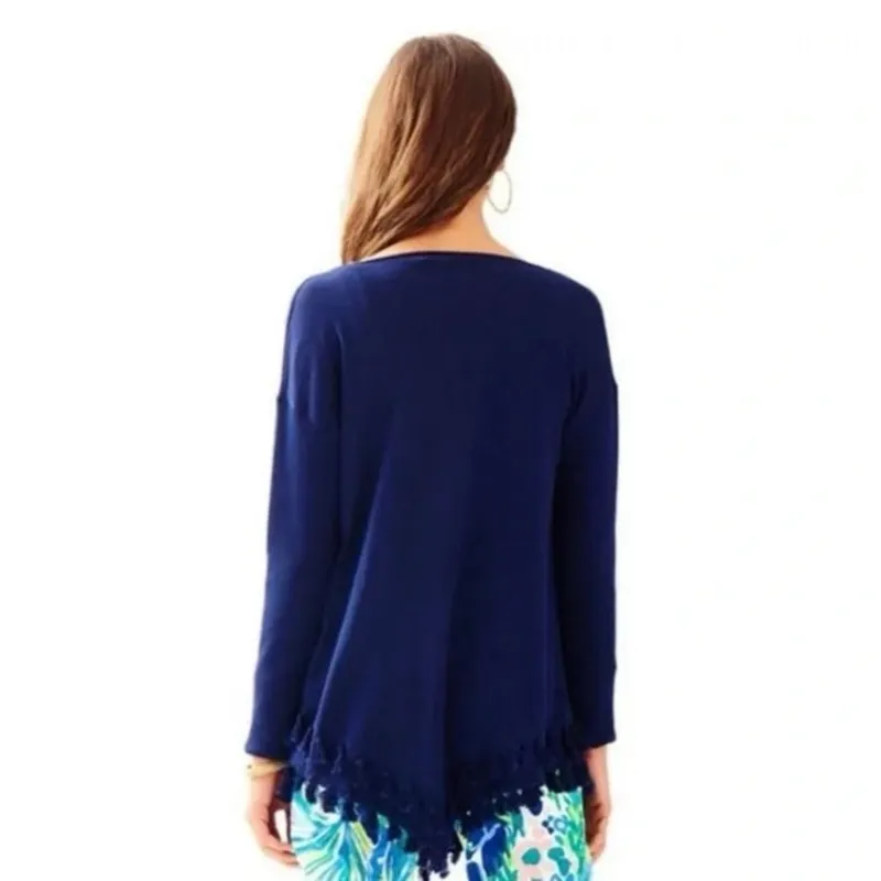 LILLY PULITZER true navy asymmetrical tassel hem cowlneck Ferrera sweater XS - Image 2