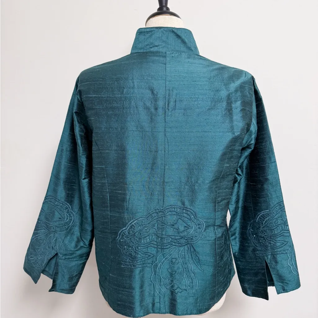 Anu Teal Dupioni Silk Embroidered 3/4 Turn Up Cuff Sleeve Open Jacket Large Blue - Image 5