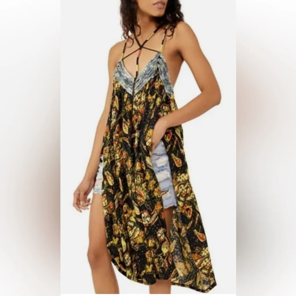 Free People Bohemian Garden Party Cotton Blend Knit Dress In Black Combo Size L - Image 3