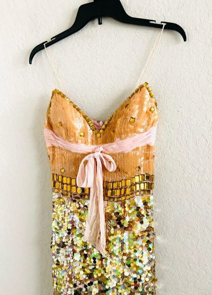 Vintage  Silk Sequin Beaded Rose Gold Fitted Formal Mermaid Dress | Size 2 - Image 5