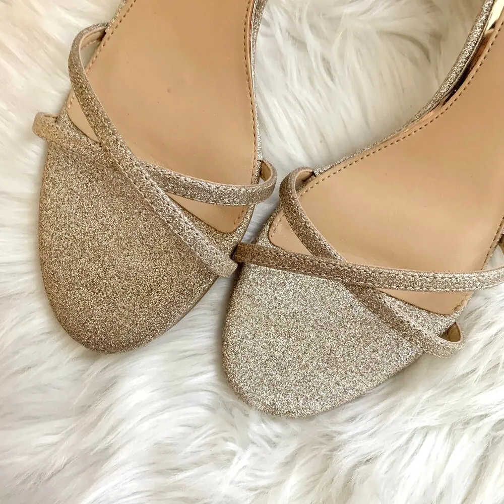 Badgley Mischka Omari Ankle Strap Criss Cross Heels in Glitter Gold - Image 3