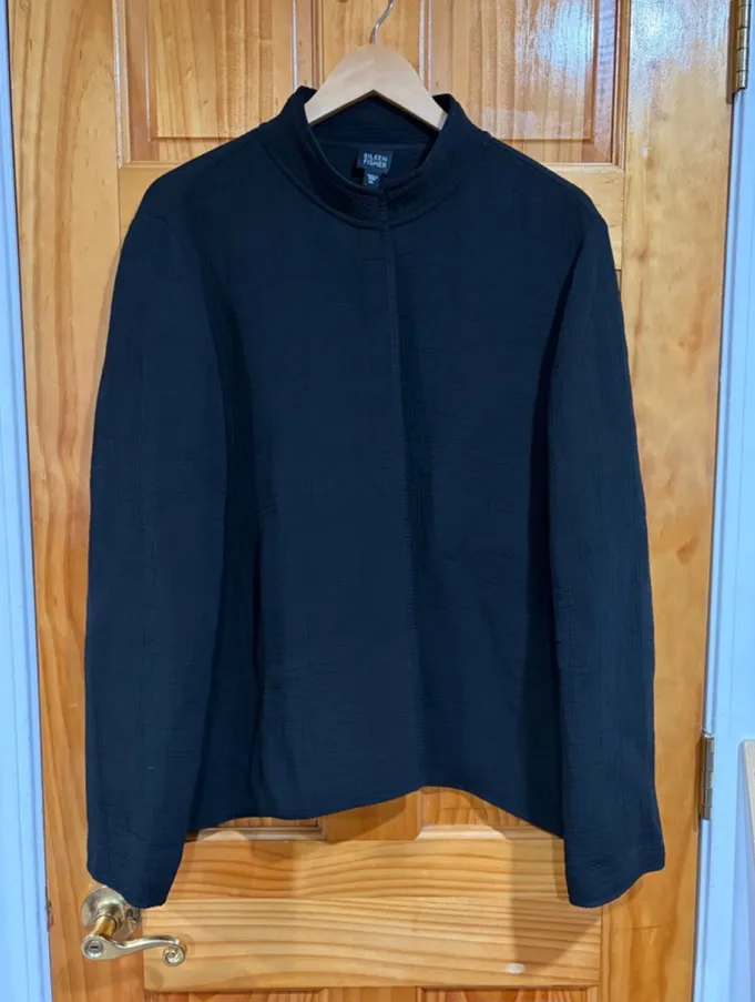 Eileen Fisher Black Crinkle Silk Rayon Jacket Mandarin Collar Size XL - Image 1