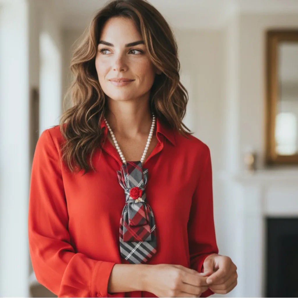 “Dainty dapper”Plaid Necktie Necklace with red rose brooch Pearl Accents - Image 2