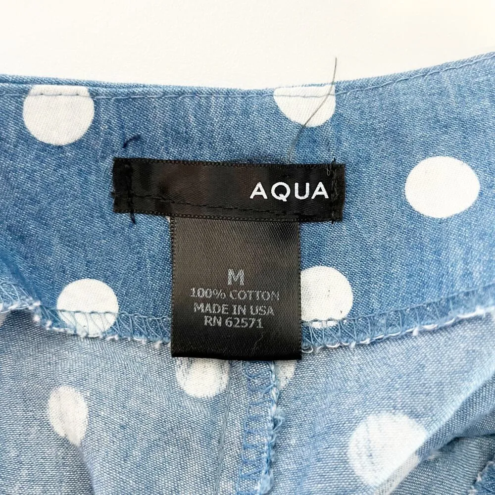 AQUA Polka Dot Ruffle Hem Flutter Denim Shorts Blue White Medium - Image 3