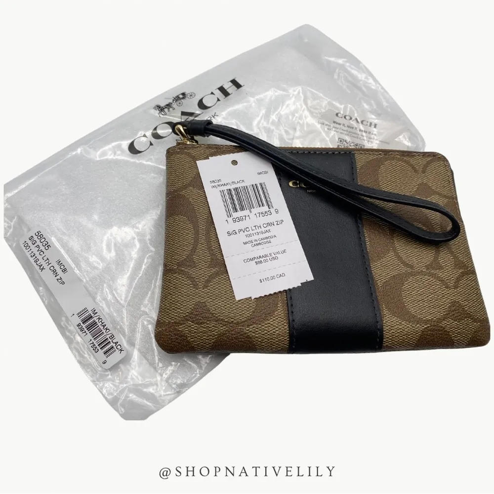 Coach Corner Zip Logo Wristlet In Signature Canvas With Stripe | Khaki/Black - Image 4