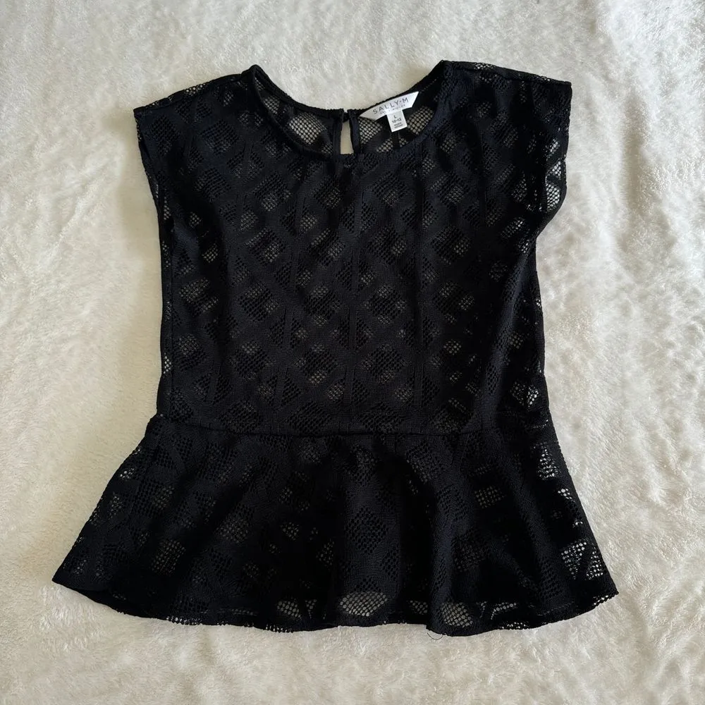Sally Miller‎ Peplum Top Blouse Womens L Black Semi Sheer Out Goth Boho Coquette - Image 5