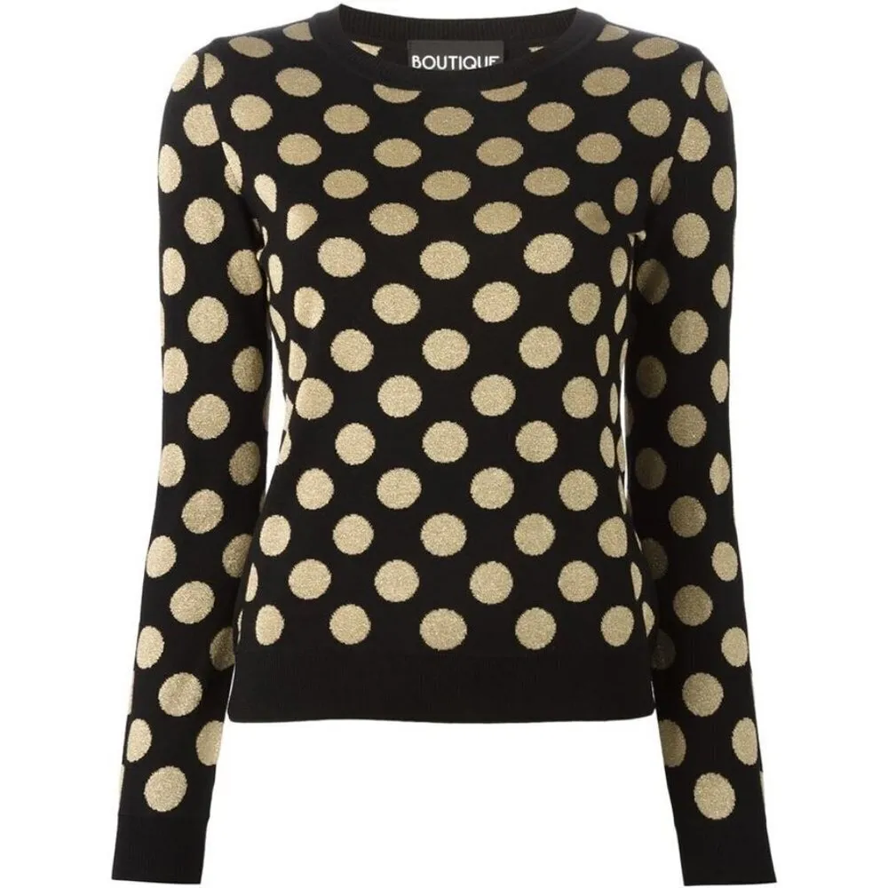 💕BOUTIQUE MOSCHINO💕 Polka Dot Intarsia Sweater Crew Neck Black Gold Dots US 8 - Image 6