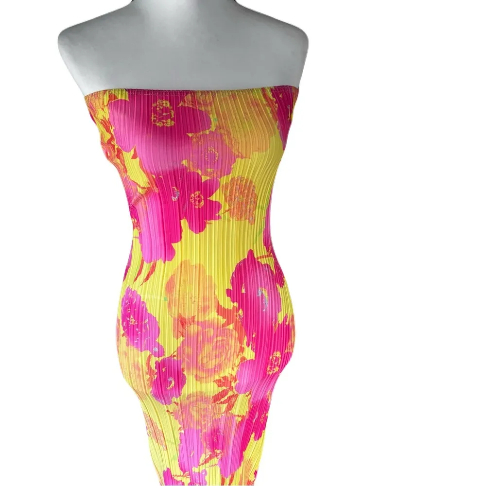 PrettyLittleThing Pink and Yellow Floral Bandeau Dress | EUC | 2 - Image 2