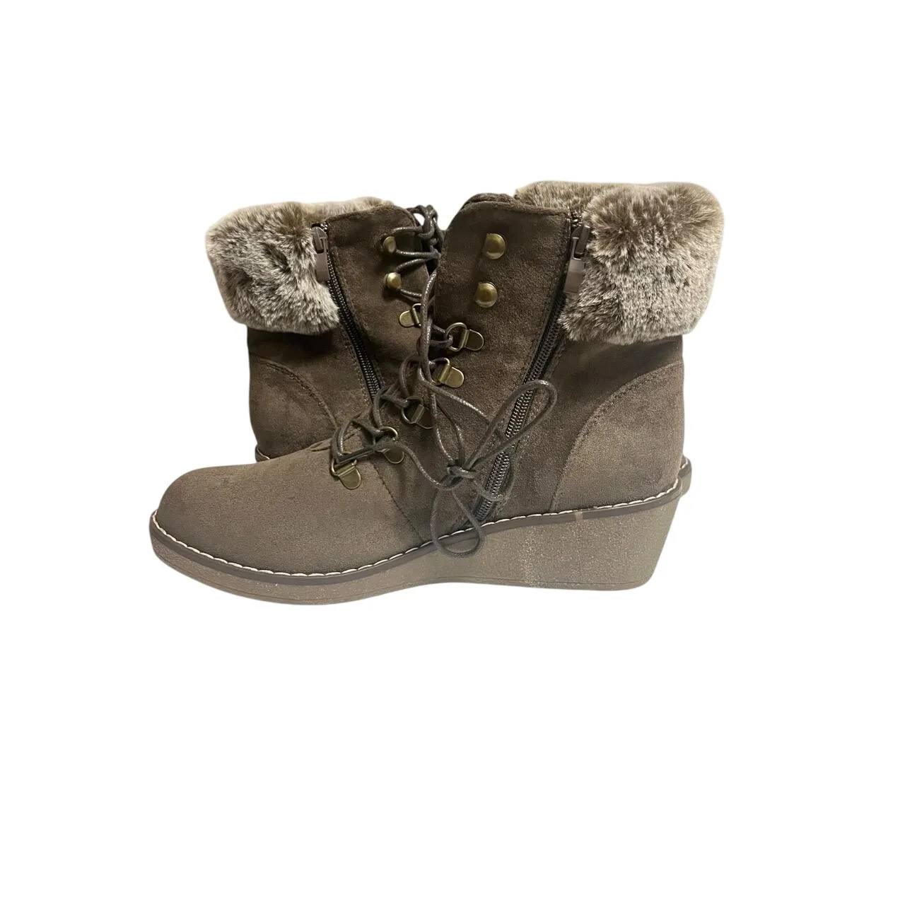 Corkys Tan Women 11 Faux Fur Trim Lace Up Wedge Booties With the Fur Y2K Fox Bay Brown - Image 2