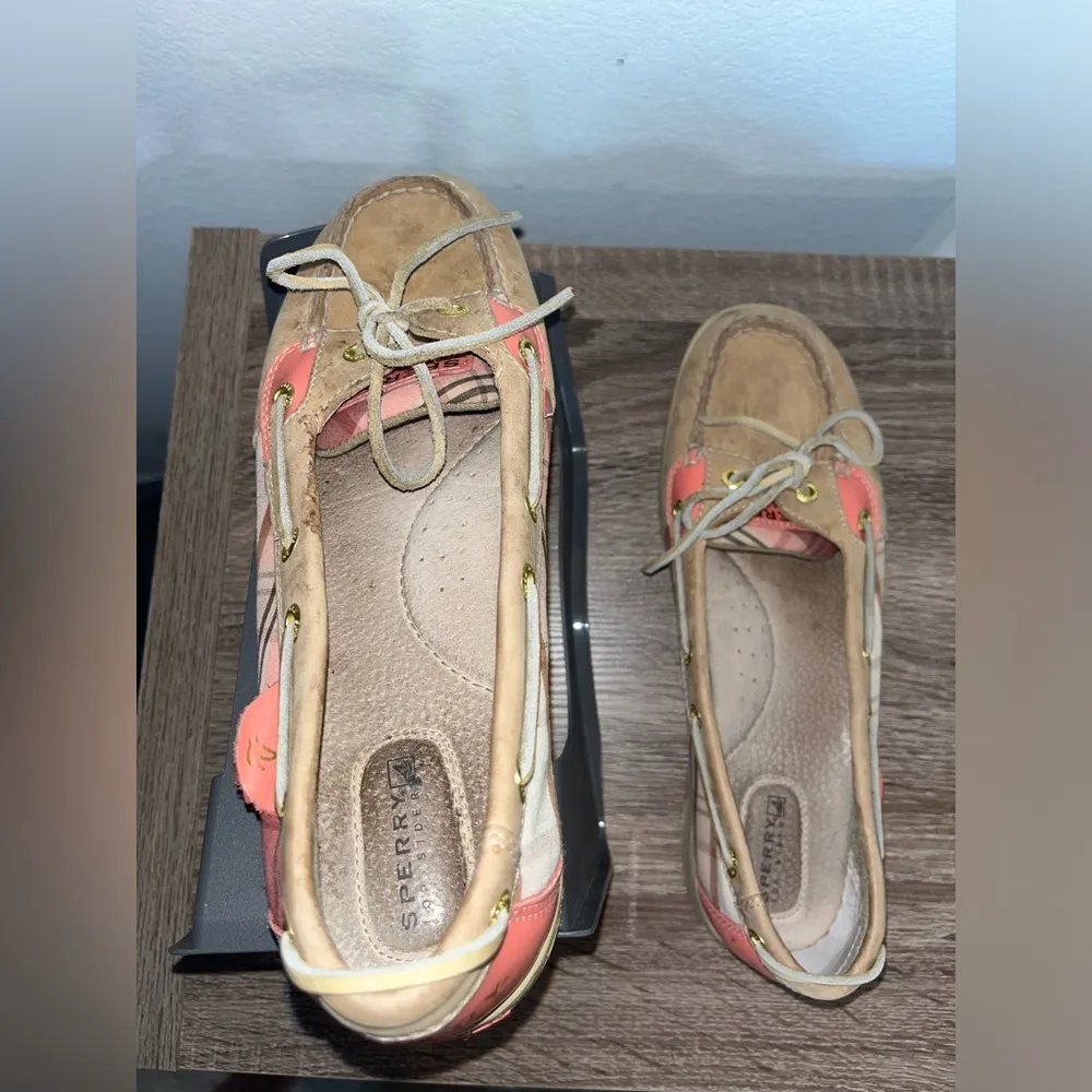 Sperry Topsider Hardback Tan Leather Pink/Plaid Preppy Boat Shoes Women's 9.5M - Image 3