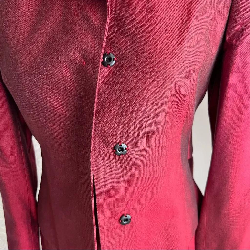 AKRIS Red Silk Skirt Suit With Long Sleeve Silk Red Blazer - Image 6