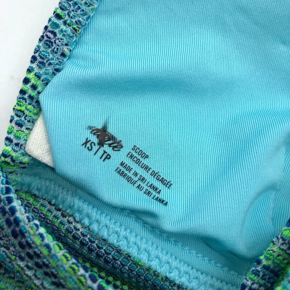 Aerie Womens Scoop V Neck Swim Top Padded Bikini Top Striped Green Blue XS - Image 3