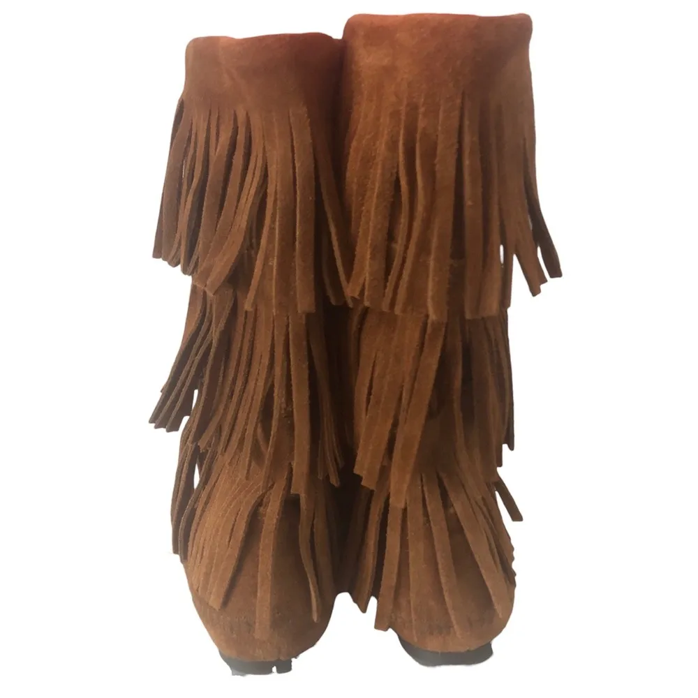 Minnetonka Fringe Moccasin Boots 11.5” Tall Suede Leather - Image 5