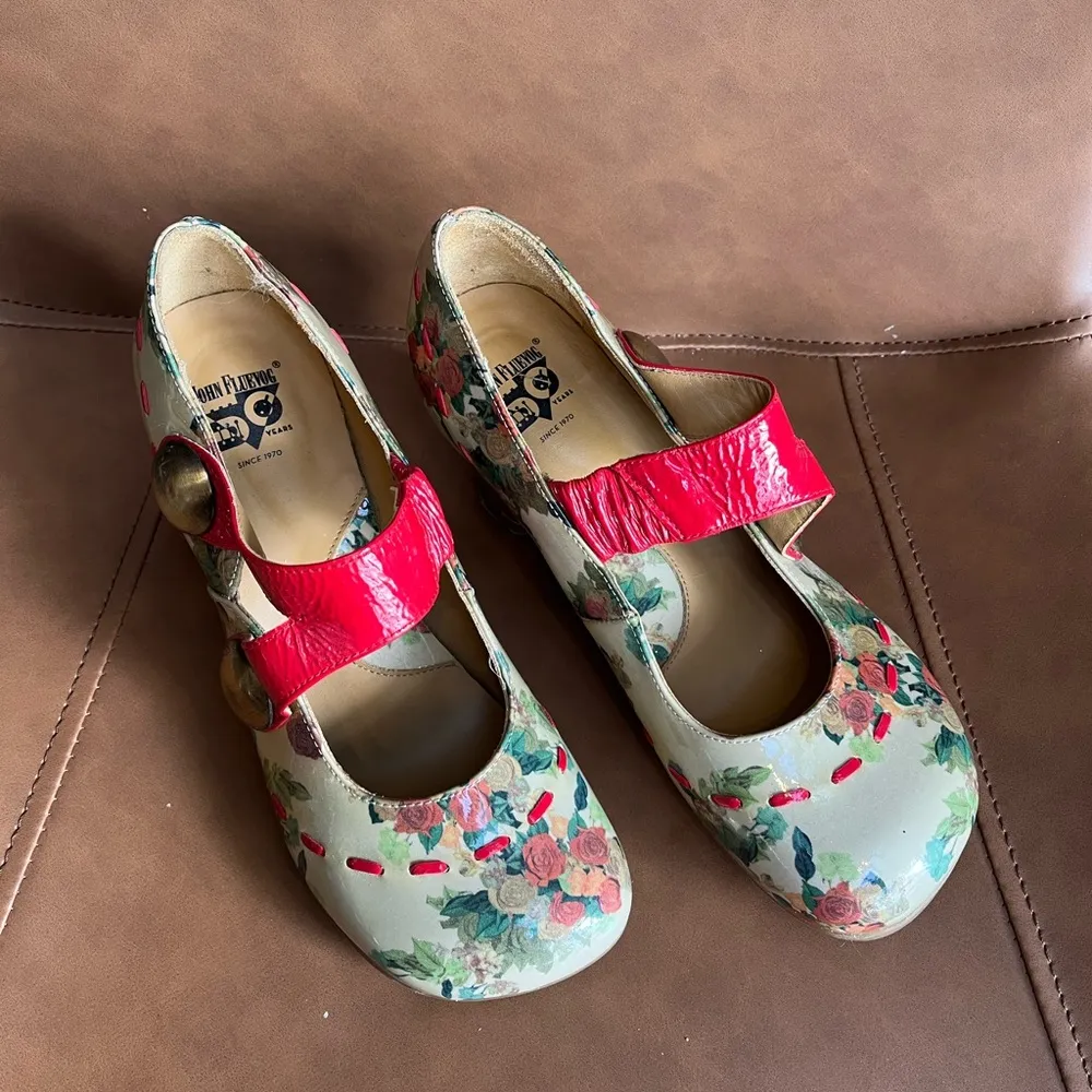 Fluevog Floral Mary Jane Heels with Red Strap - Image 2