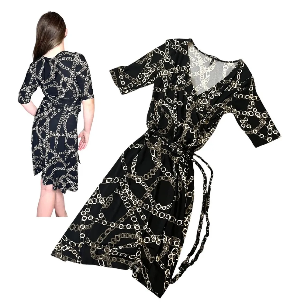 Daisy Fuentes Womens Small Chain DRESS Black Taupe White Belt V Neck Mob Wife - Image 9