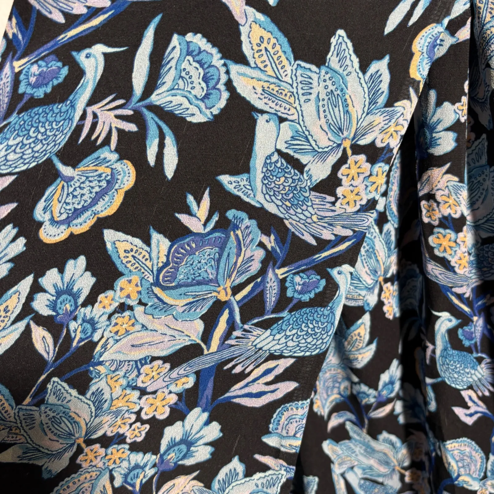 Hale Bob Floral Bird Print Wrap Midi‎ Dress Blue Black Flutter Sleeve M Fairy - Image 7