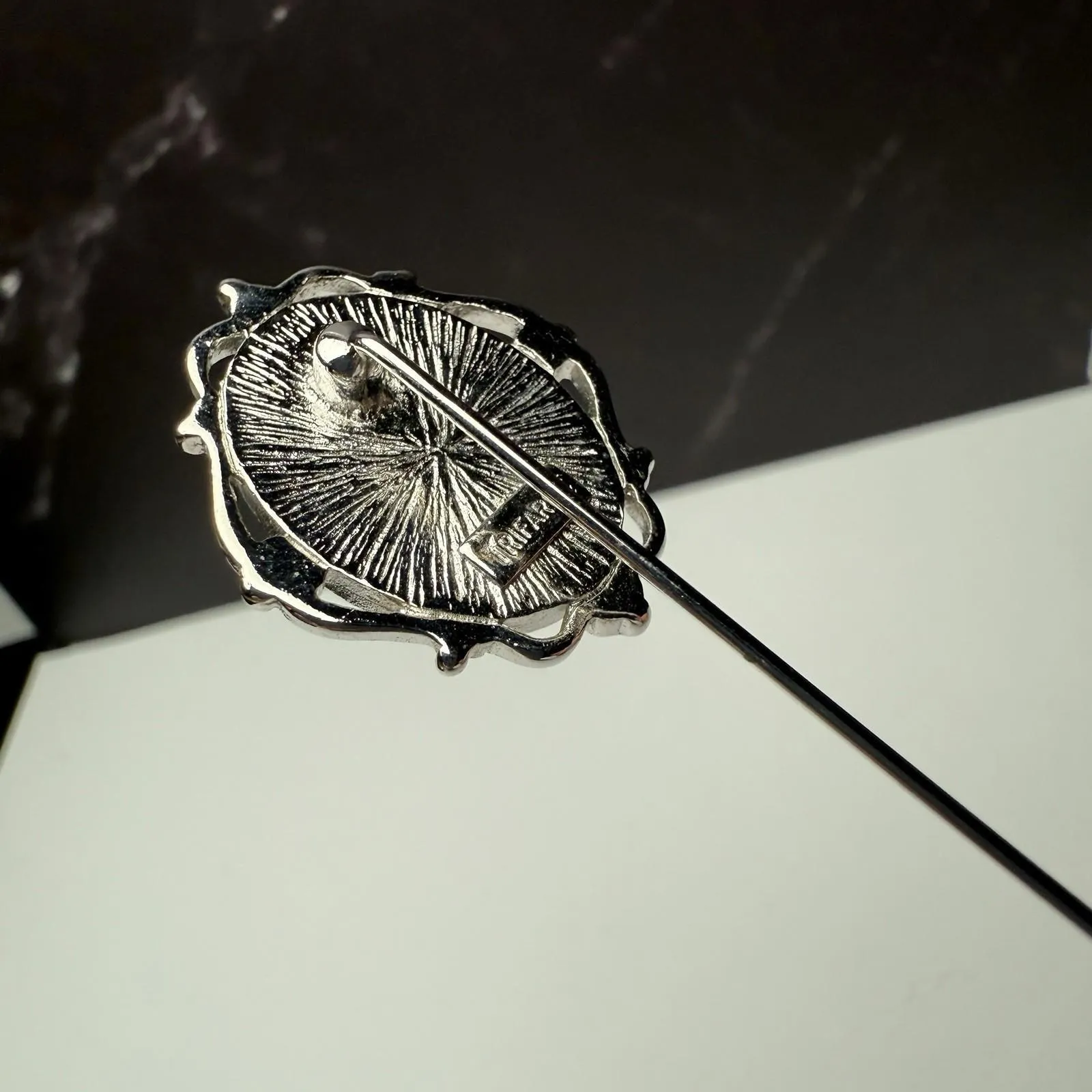 Signed Trifari Blue Cameo Face Of Lady Silver Tone Lapel Stick Pin - Image 4