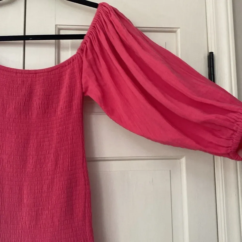 RHODE Harper Smocked Off Shoulder Puff Sleeve Hot Pink‎ Midi Dress Gauze Cotton Pink - Image 7