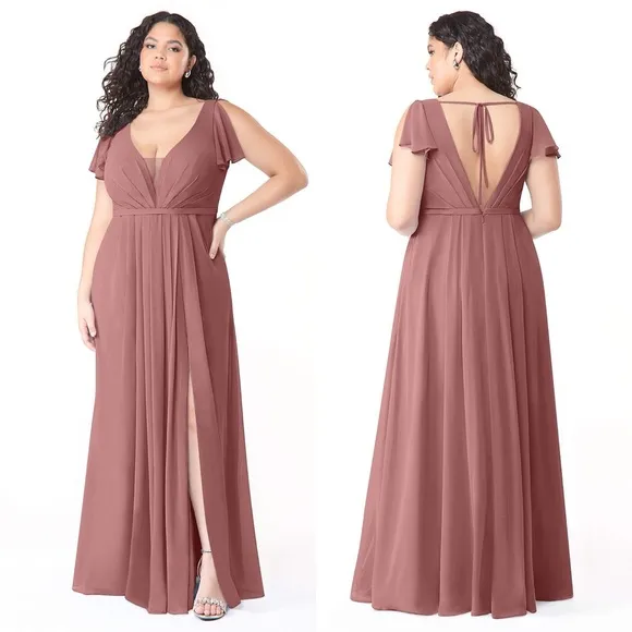 NWT Azazie Reverie Flowy V-Neck Ruched Chiffon Long Dress Desert Rose - Image 2