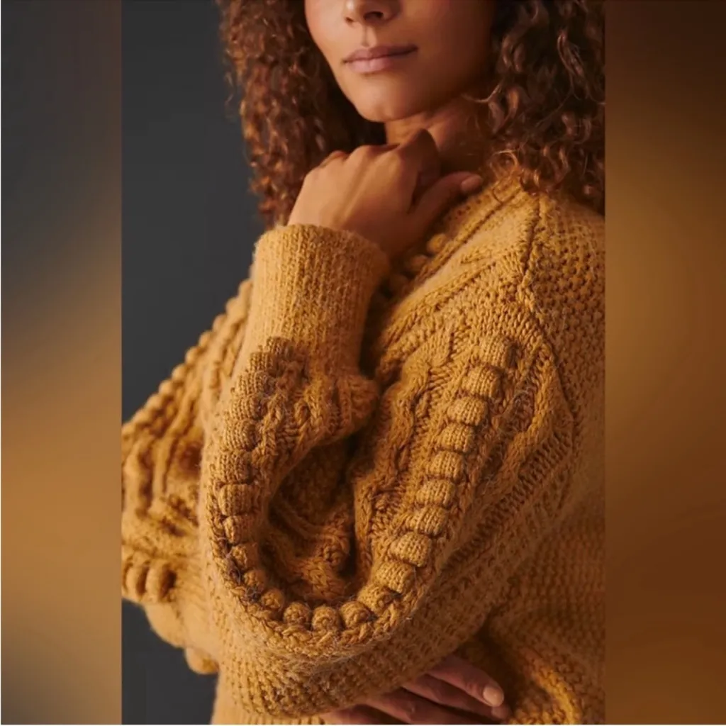 By Anthropologie Cable Knit Mustard textured cropped Sweater size XXS - Image 9