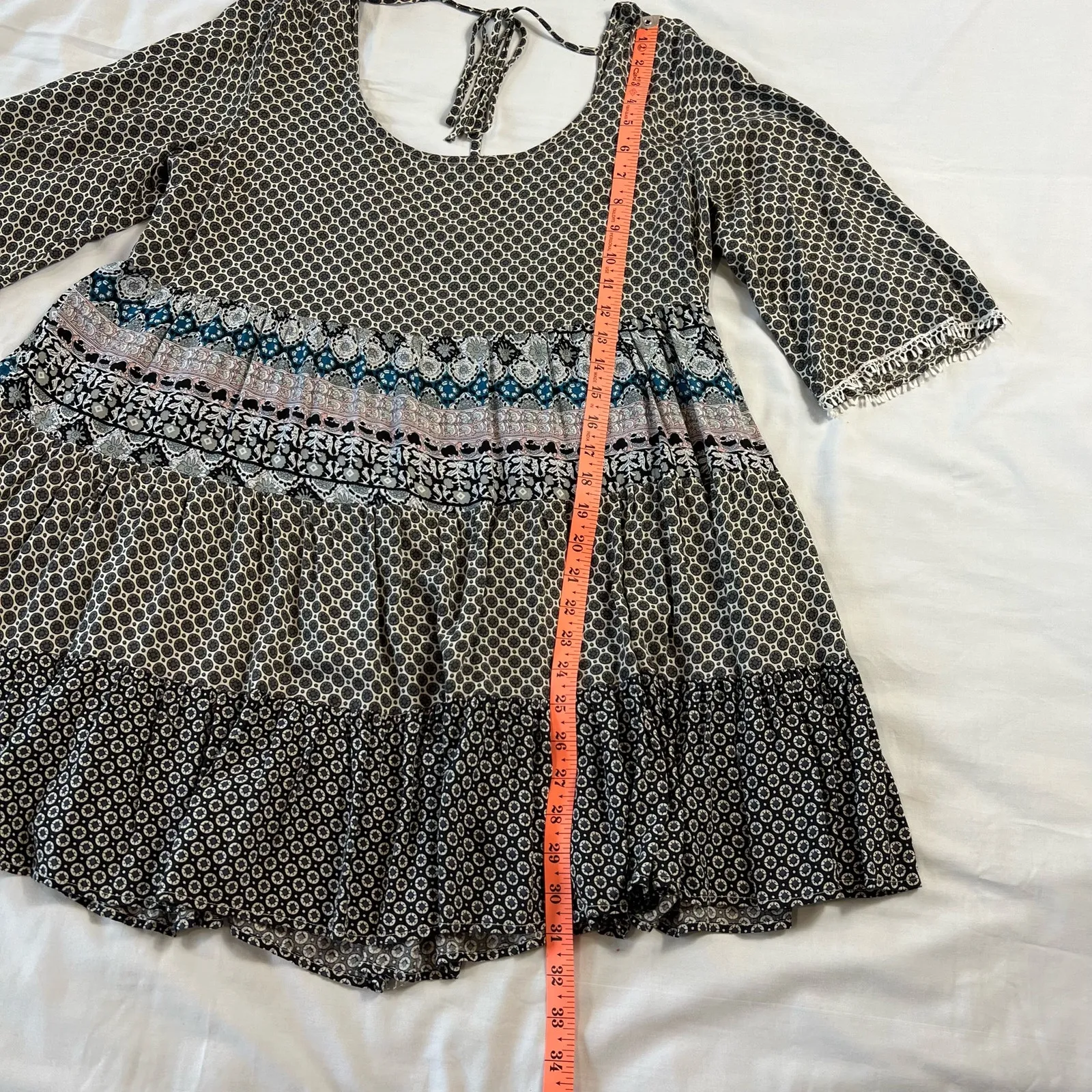 Umgee Women's Medium Patchwork Mini Dress with Open Back Bell Sleeves - Image 2