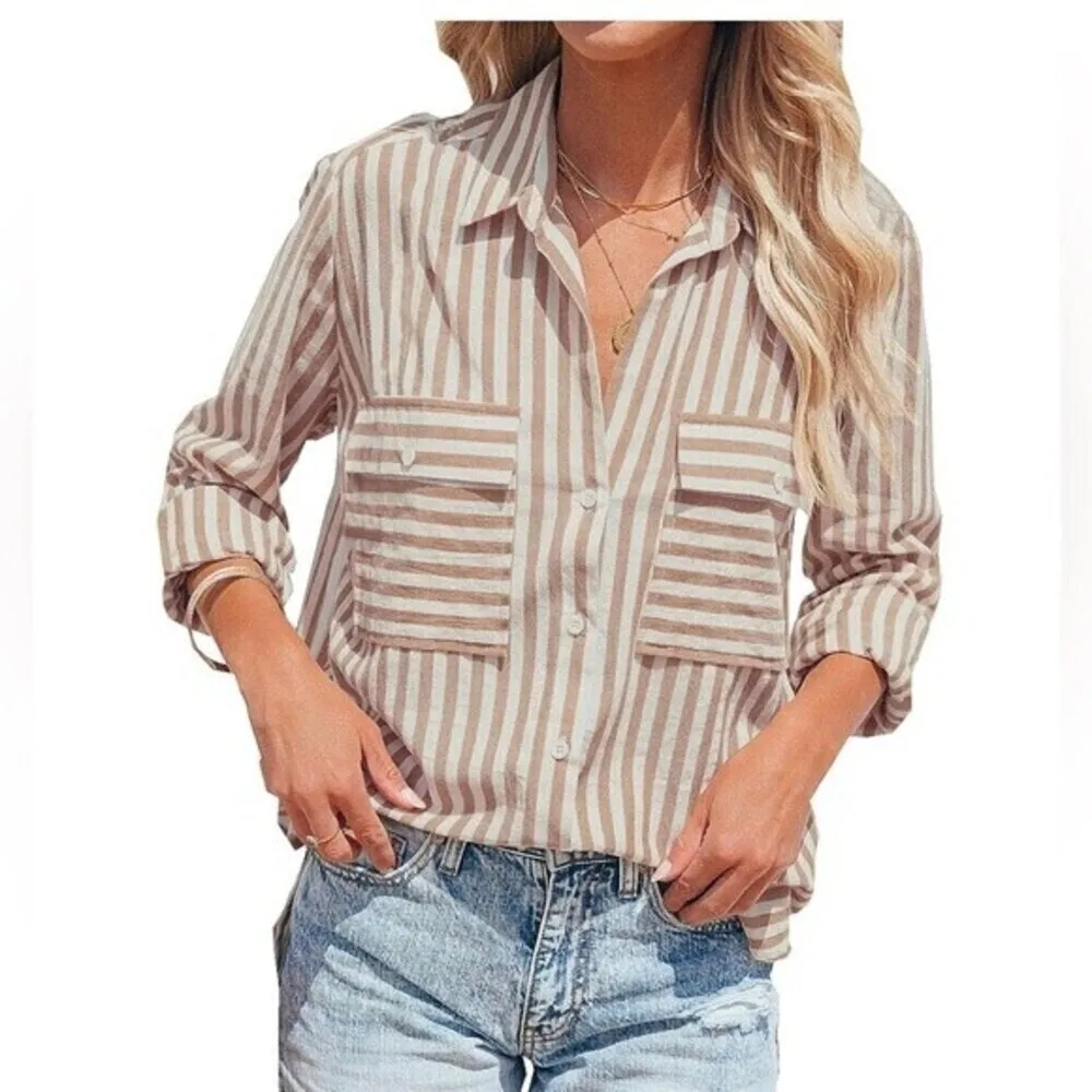 Women's Brown White Striped Button Down Shirts Casual Long Sleeve Stylish Tops. - Image 4