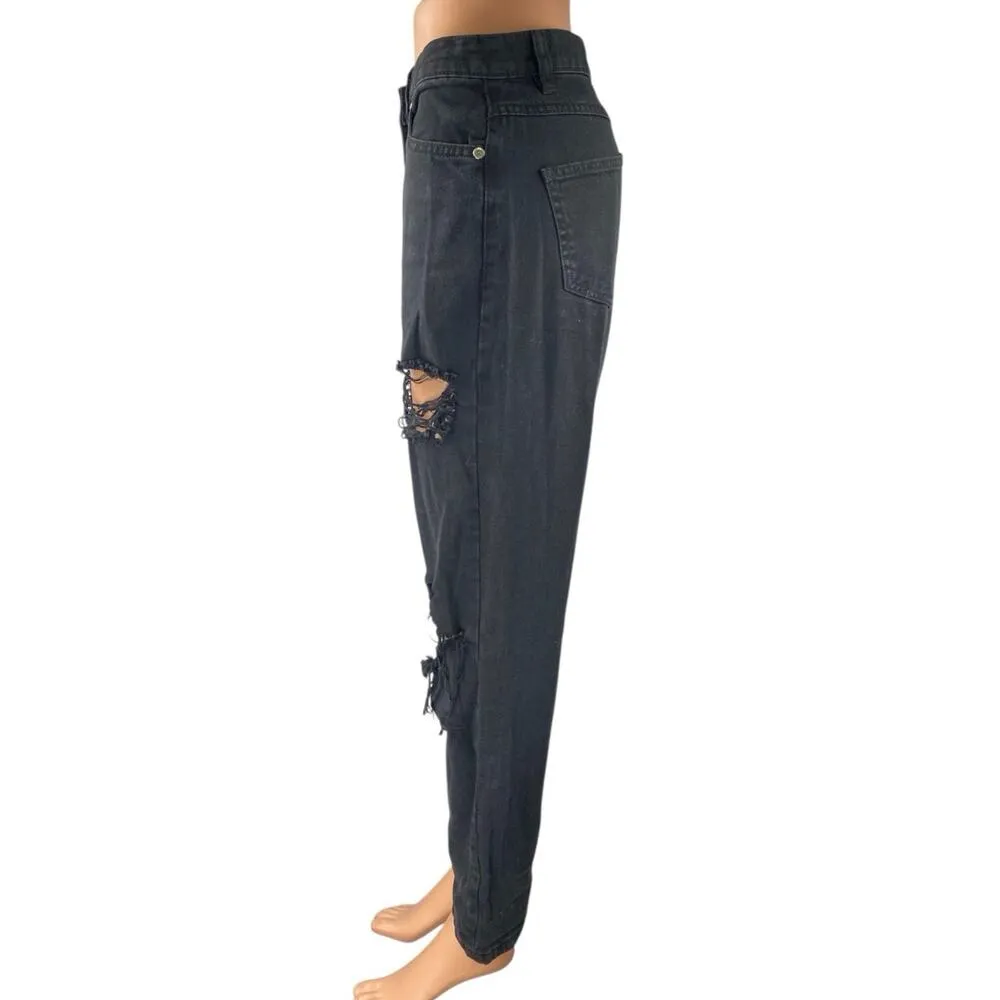 Parisian Black Distressed Straight Wide Leg High Waist Denim Jeans Pants Size 6 - Image 2