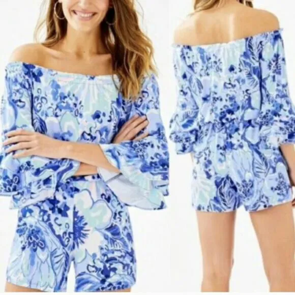 Lilly Pulitzer Calla Off-the-Shoulder Romper Coastal Blue White Floral XS - Image 2