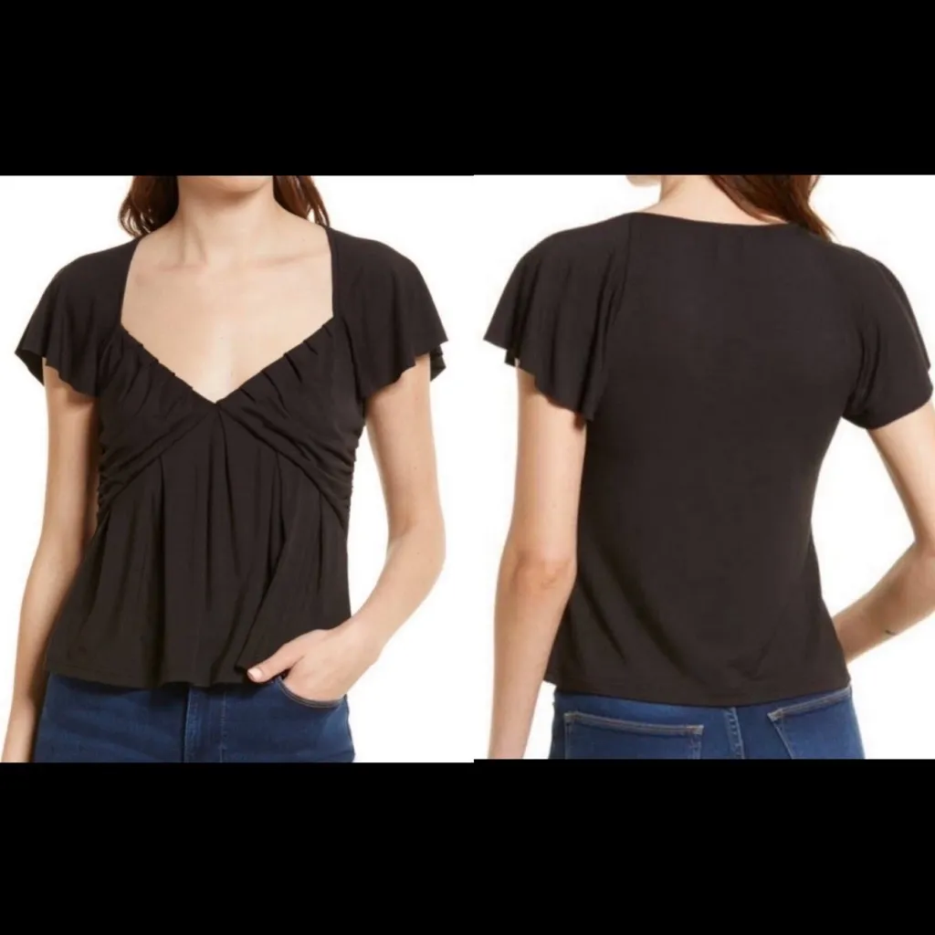 Frame‎ Womens SZ XS Black Shirred Flounce Top Short Sleeve Style# LTWS1761 NEW - Image 2