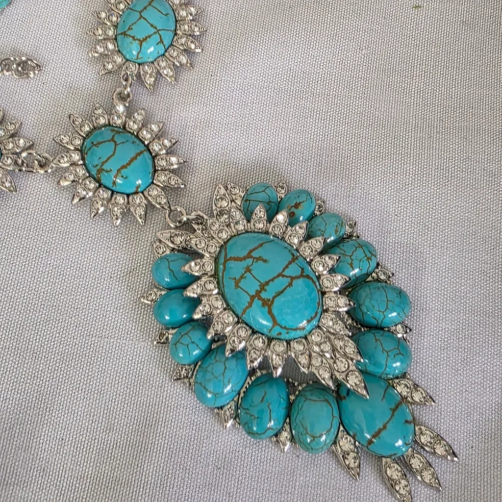 Silver Statement Turquoise Howlite with Rhinestone Necklace and Earrings Set - Image 4
