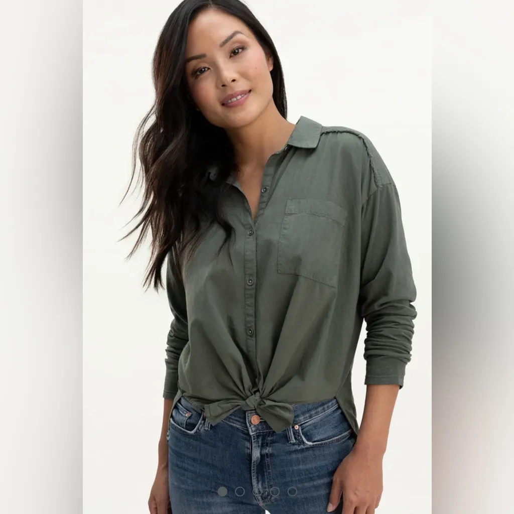 Splendid Women's Paige Shirt Woven Front Knit Back Tie Collar Olive Green L NWT - Image 2