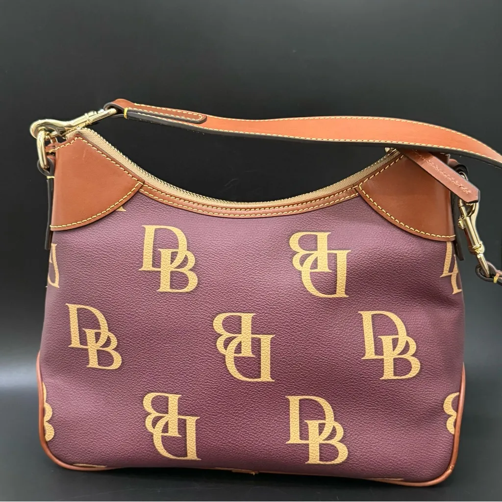 DOONEY & BOURKE Wine/Brown Coated Canvas Monogram Hobo Shoulder Bag - Image 1