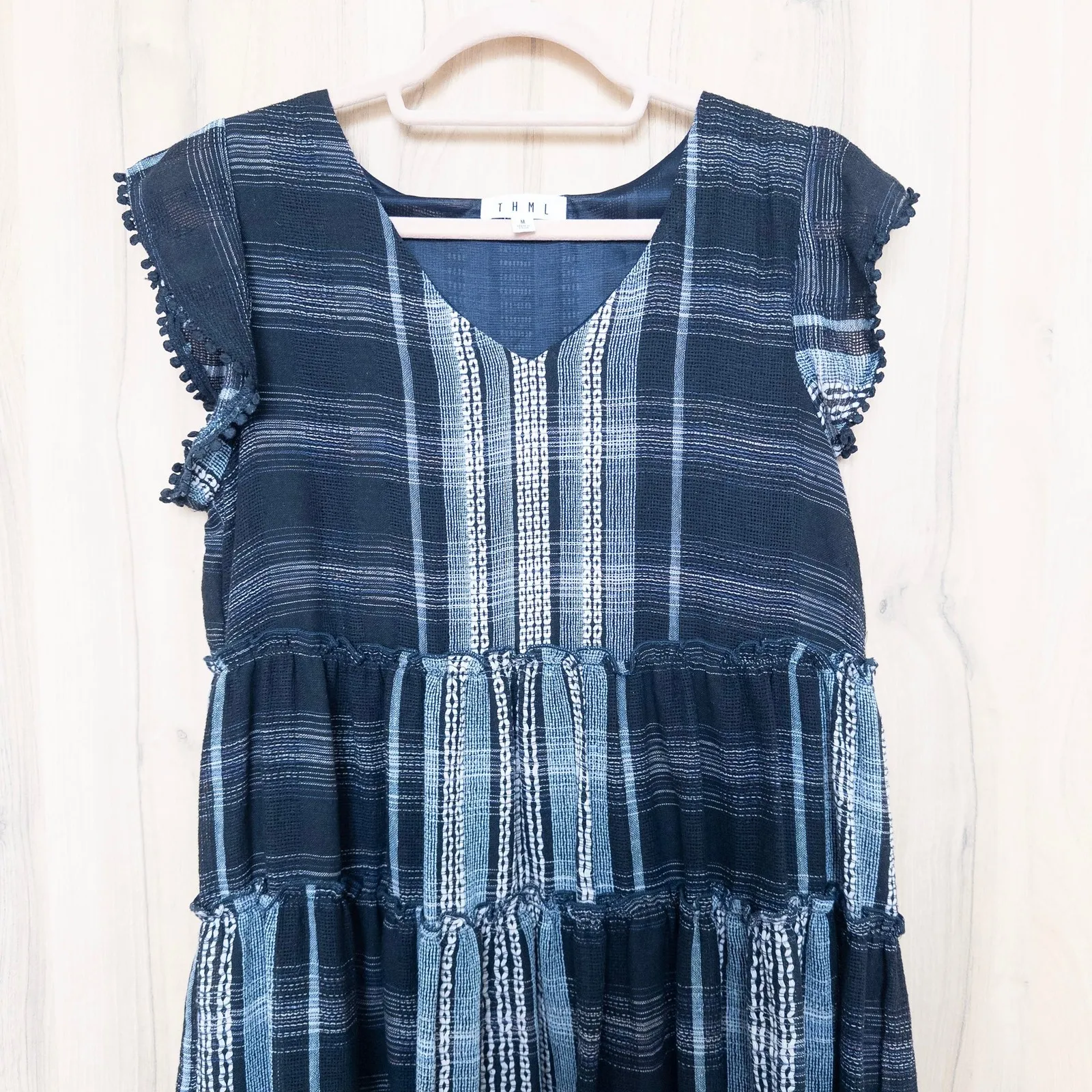 THML Womens Tiered Plaid Ruffle Sleeve Dress Size M Blue Boho Cottage Indie - Image 2
