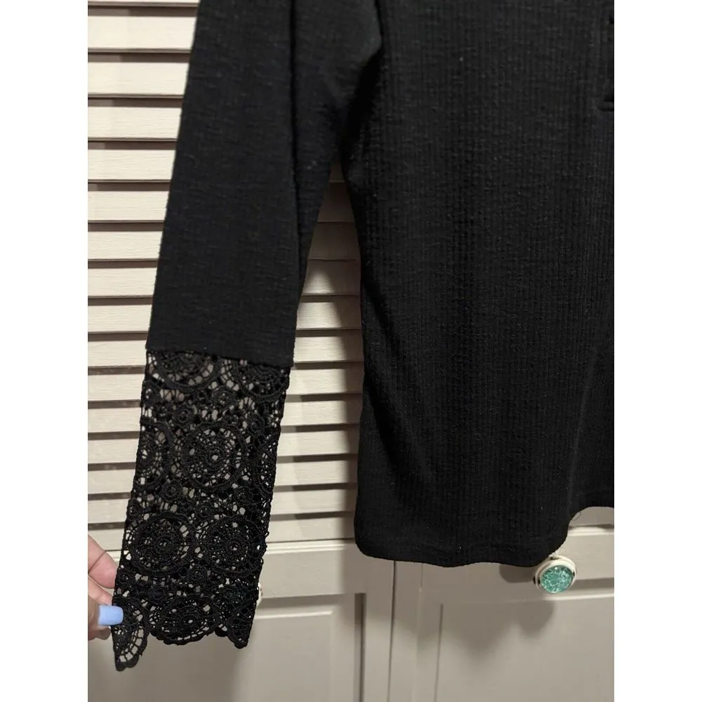 No Brand Black Ribbed Sweater Round Neck Long Crochet Sleeve Size M Buttons Size M - Image 3