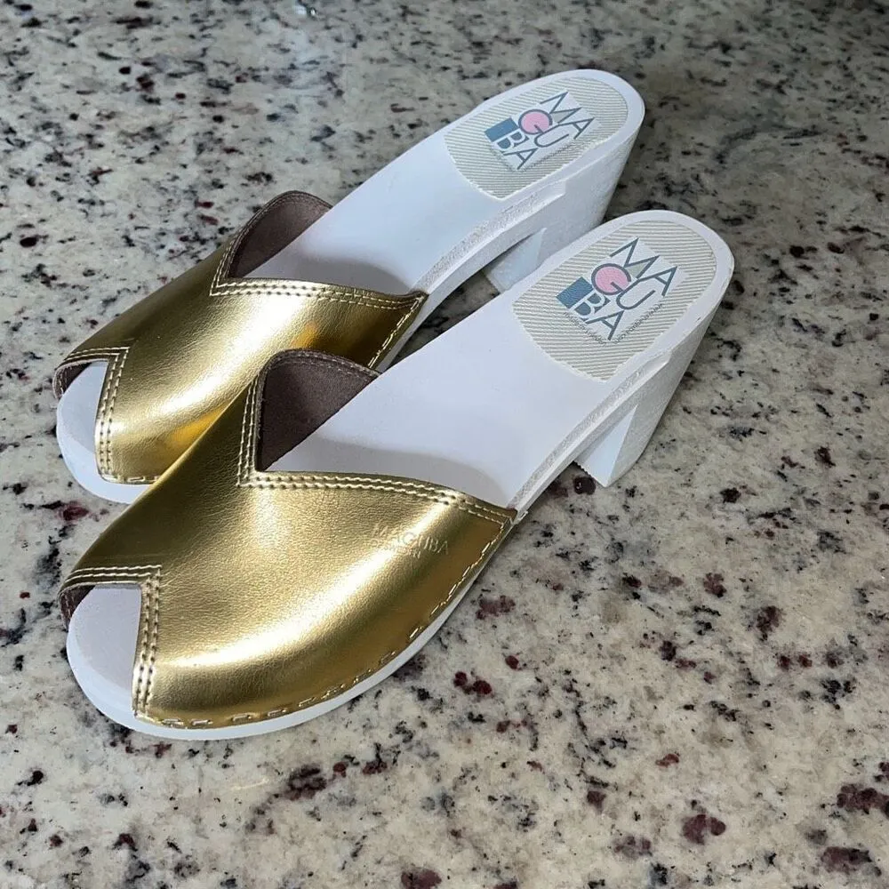 MAGUBA WOMEN'S STOCKHOLM SWEDEN WOOD HEEL Peep Toe Gold/White‎ 39/9 Gold - Image 2