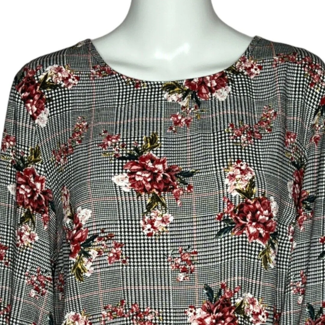 Massini Blouse Black White Houndstooth Pink‎ Floral Top 3/4 Sleeve Tie Cuffs - Image 4