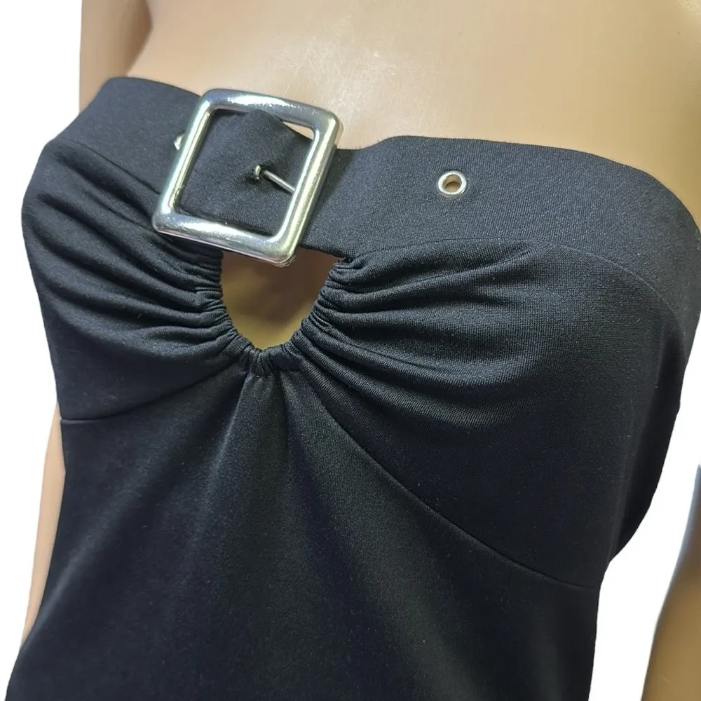 Y2K 90s Hot Kiss Black Strapless Silver Buckle Keyhole Front Mini Dress Medium - Image 4